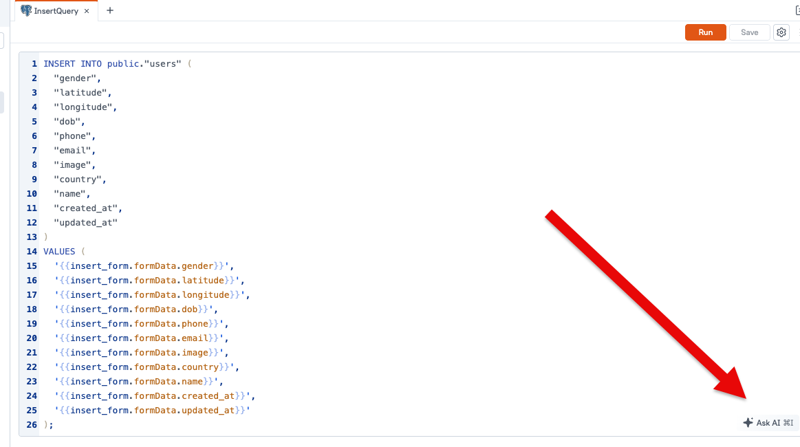 Ask AI open in a SQL query editor with a natural-language prompt